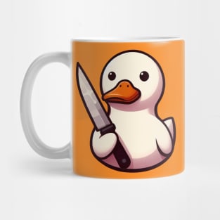 a cute white duck holding a knife Mug